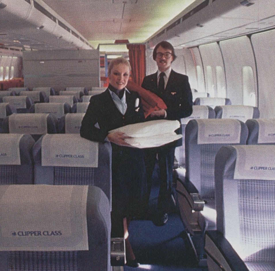 In 1980 Pan Am began to market 'Business Class.'  This picture shows Pan Am's 8 across seating in Clipper Class aboard a 747SP.